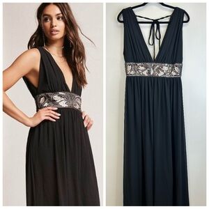 Formal Halter Black Maxi Dress Deep V-neck Sequins Goth Witchy Prom Wedding Zip